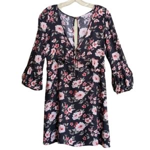 American Eagle Outfitters Y2K Dress Black Pink Floral Puff Bell Sleeves Size S